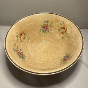 Unmarked Floral Pottery Ceramic Bowl Beige/Multicolor  Pansies Glossy 9 in Round
